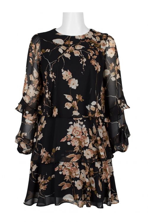Taylor Crew Neck Long Sleeve Zipper Back Tiered Floral Print Chiffon Dress