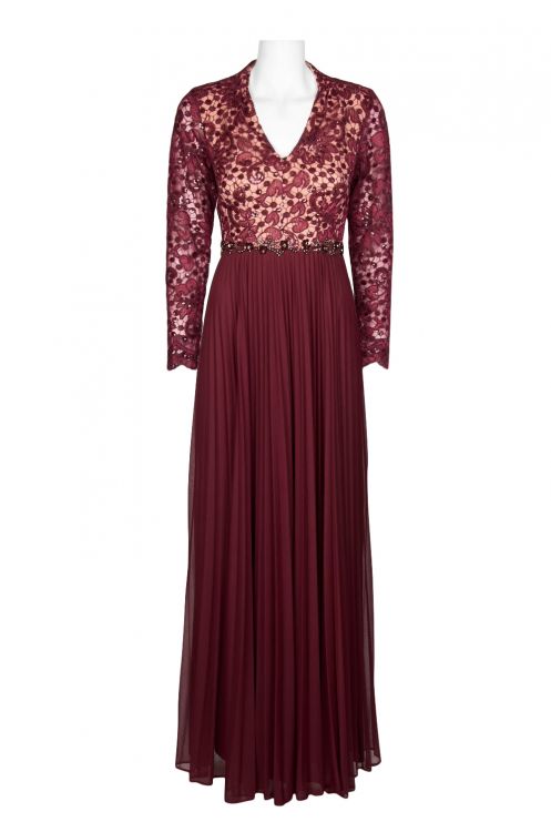 Decode V-Neck Long Sleeve Pleated Embellished Waist Embroidered Mesh Jersey Chiffon Dress