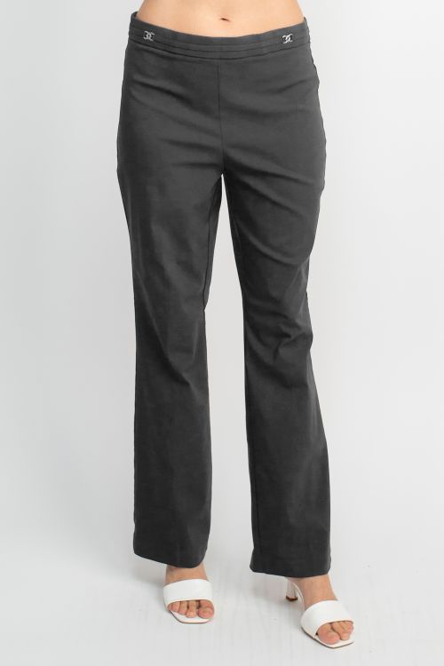 Counterparts Banded Waist Pull On Straight Cut Solid Hardware Detail Stretch Rayon Pants