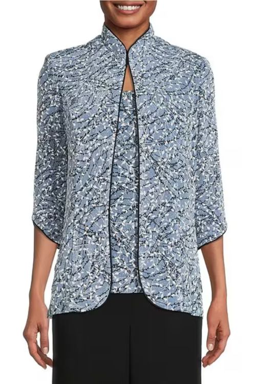 Alex Evenings Scoop Neck Sleeveless Embellished Jersey Top with 3/4 Sleeve Piping Detail Jacket