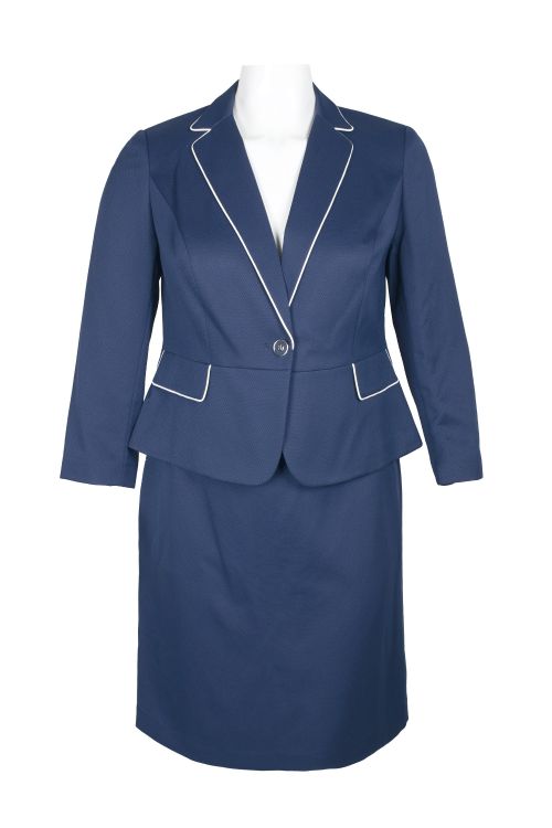 Emily Notched Collar One Button Closure Long Sleeve Piping Detail Crepe Jacket with Zipper Back Slit Back Skirt (Plus Size)