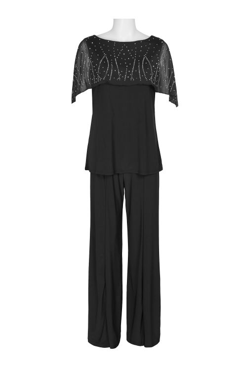 Marina Boat Neck Embellished Capelet Sleeve Solid Top and Elastic Mid Waist Wide Leg wo Piece Pant Set