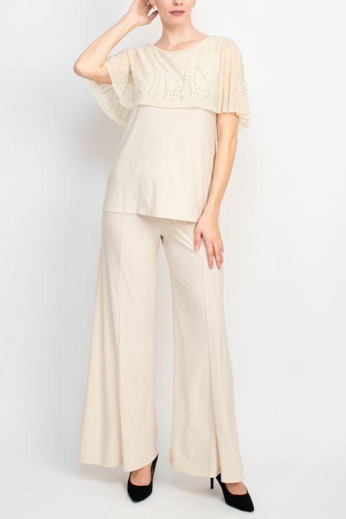 Marina Boat Neck Embellished Capelet Sleeve Solid Top and Elastic Mid Waist Wide Leg wo Piece Pant Set