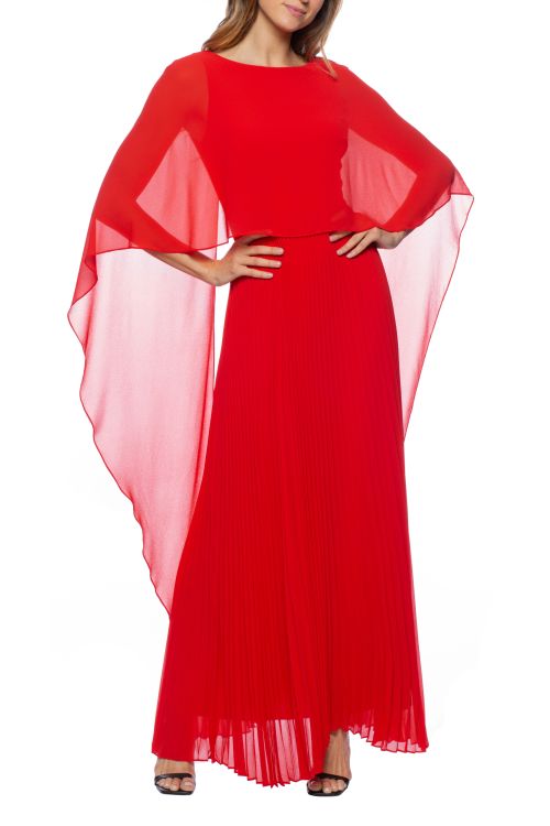 Marina boat neck capelet pleated front zipper closure solid crepe chiffon gown