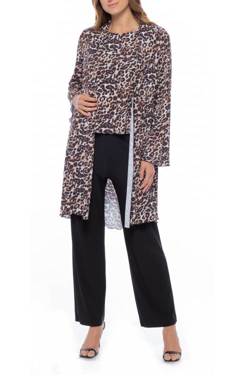 Marina Boat Neck Sleeveless Animal Print ITY Top Elastic Waist Solid Pant with Matching Long Sleeve Jacket (3pc set)