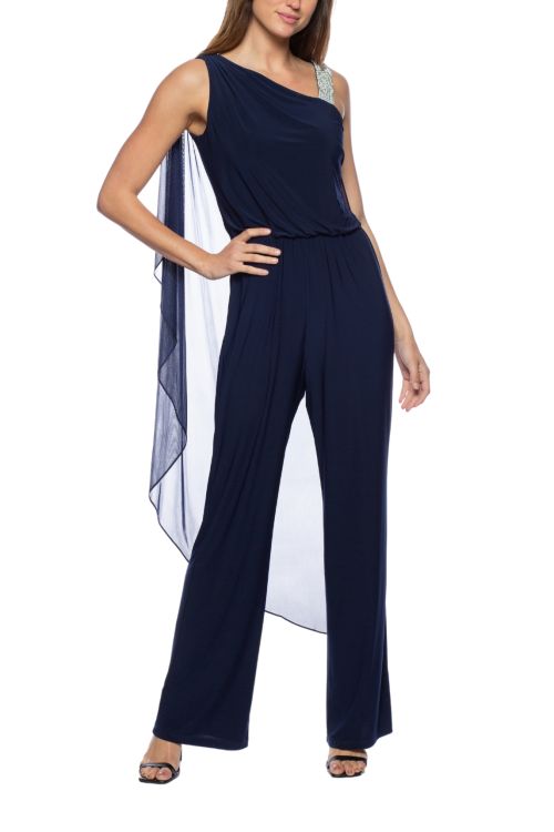 Marina Sleeveless Asymmetric Neck Embellished Chiffon Cape Jumpsuit