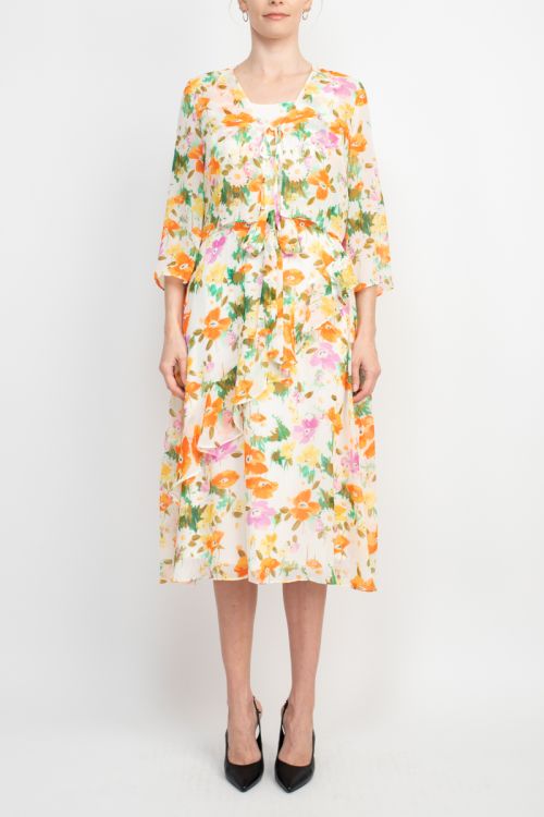 Maison Tara Scoop Neck Back Zipper Sleeveless Floral Midi Dress with Matching Chiffon Jacket