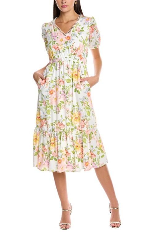 Tahari ASL V-Neck Short Sleeve A Line Elastic Waist Multi Print Polyester Dress