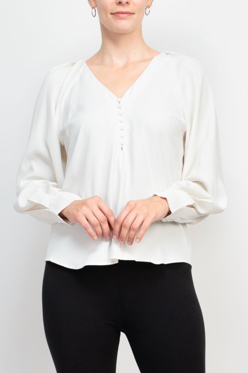 Philosophy V-neck cuffed long sleeve button closure front solid stretch crepe top