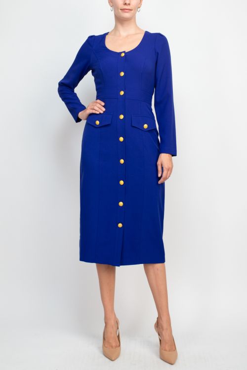 Taylor scoop neck long sleeve banded front button closure solid stretch crepe dress