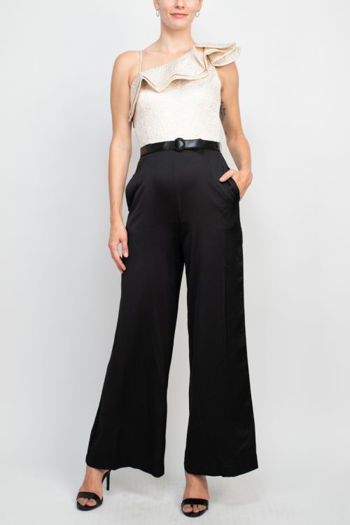 Taylor asymmetrical ruffle neck zipper side jacquard bodice belted satin pant jumpsuit with pockets