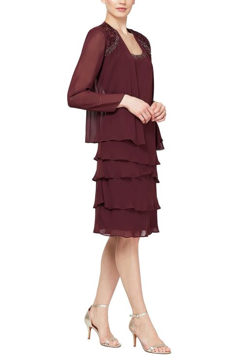 SL Fashion Embellished Scoop Neck Sleeveless Tier Chiffon Dress with Matching Embellished Shoulder Jacket