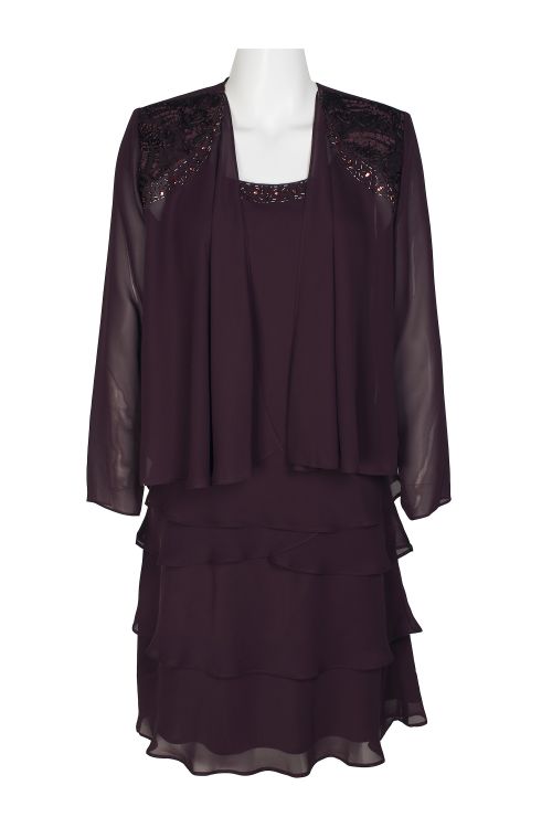 SL Fashion Embellished Scoop Neck Sleeveless Tier Chiffon Dress with Matching Embellished Shoulder Jacket