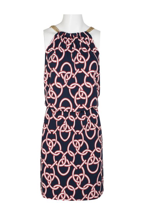 Johnston & Murphy Chain Neck Halter Necklace Elastic Waist Blouson Solid & Multi Print Reversible ITY Dress