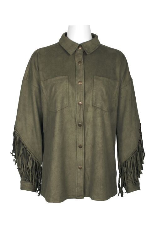 Velvet Heart Collared Snap Button-Up Long Sleeve Fringe Detail Suede Jacket with Pockets