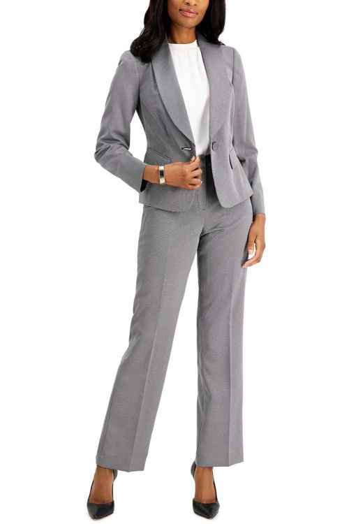 Le Suit Lapel Collar One Button Long Sleeve Jacket with Mid Waist Zipper Hook & Eye Closure Crepe Pant 2 Piece Set
