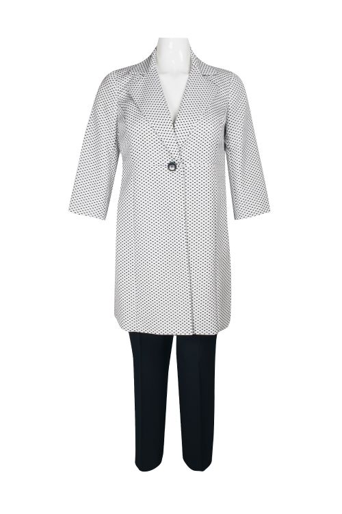 Le Suit Notched Collar Long Sleeve One Button Closure Pockets Geo Dot Jacquard Topper with Mid Waist Elastic Back Solid Pants Suit (Plus Size)