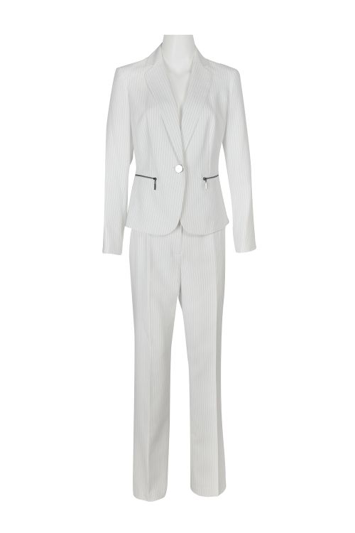Le Suit Notched Collar 1 Button Closure Zipper Pockets Pinstripe Jacket with Mid Waist Button & Zipper Closure Pinstripe Straight Pants (Two Piece)