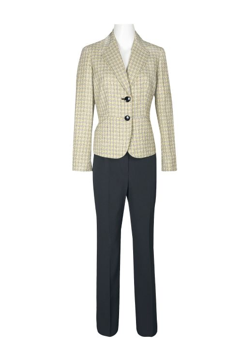 Le Suit Notched Collar 2 Button Closure Textured Plaid Jacket with Mid Waist Button & Zipper closure Straight Crepe Pants (Two Piece)