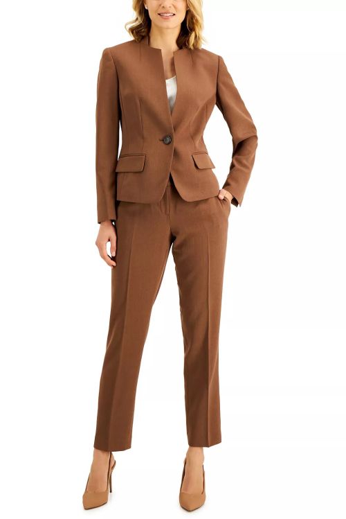 Le Suit Stand Collar Button Closure Flap Pockets with Mid Rise Stright Leg Zipper with hook & bar Closure Pants