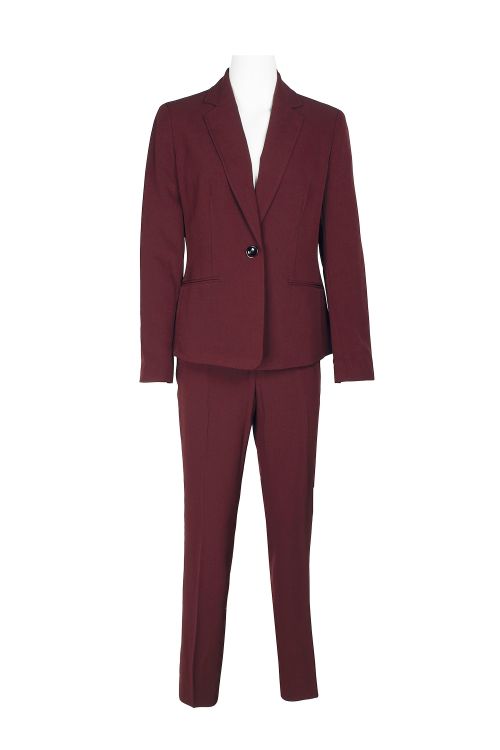 Le Suit Notched Collar One Button Jacket with Button Hook Zipper Closure Pockets Crepe Pants Suit (Two Piece Set)