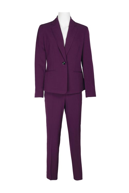 Le Suit Notched Collar One Button Jacket with Button Hook Zipper Closure Pockets Crepe Pants Suit (Two Piece Set)