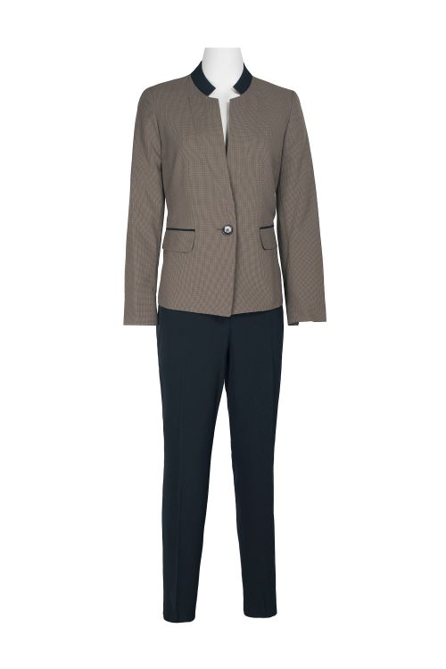 Le Suit One Button Houndstooth Pattern  Jacket with Button Hook Zipper Closure Pockets Crepe Pants Suit (Two Piece Set)