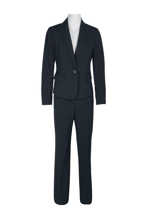 Le Suit Notched Collar 1 Button Flap Pockets Pinstripe Peak Pattern Jacket with Button Hook Zipper Closure Pants (Two Piece Set)