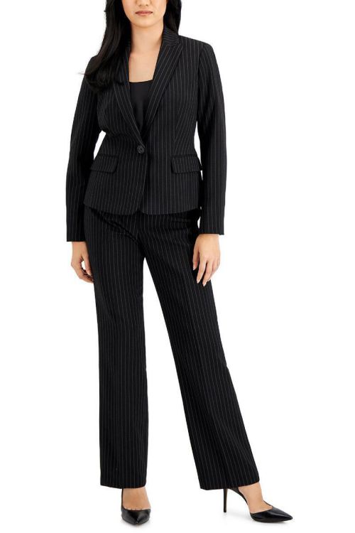 Le Suit Shawl Collar Long Sleeve Flap Pockets Pinstripe Jacket with Mid Waist Button Zipper Closure Pockets Slim Pants (Two Piece)