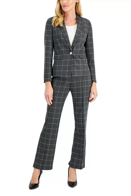Le Suit Notched Collar One Button Long Sleeve Plaid Crepe Jacket with Mid Waist Zipper with Hook & Bar Closure Pant 2 Piece Set