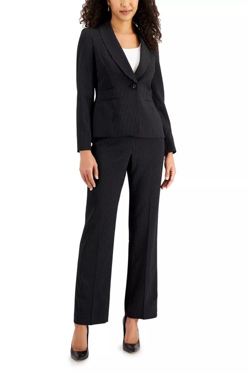 Le Suit Shawl Collar Long Sleeve Button Closure Shoulder Pads Jacket with Mid Waist Zipper Front Hook & Bar Closure 2 Piece Set