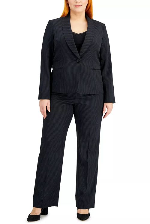 Le Suit Lapel Collar One Button Long Sleeve Jacket with Mid Waist Zipper Hook & Bar Zipper Closure Crepe Pant