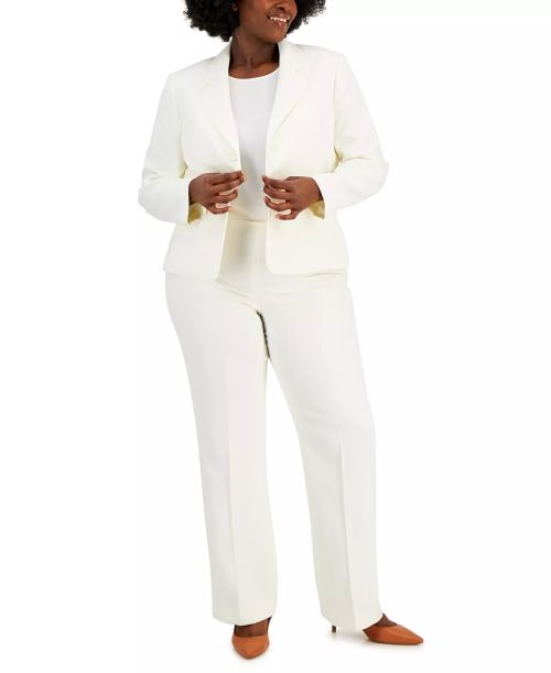 Le Suit One Button Closure Long Sleeve Jacket with Zip Closure Straight Crepe Pant