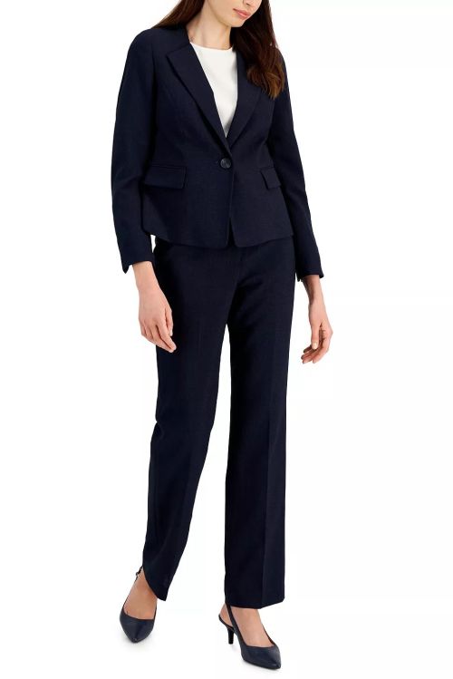 Le Suit Notched Collar Long Sleeve One Button Jacket with Mid Waist Zip with Hook & Button Closure Crepe Pant (2 Piece Set)