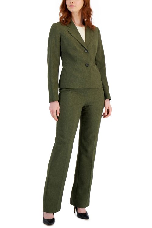 Le Suit Notched Collar Long Sleeve 2 Button Closure Crepe Jacket with Mid Waist Zipper with Hook & Bar Closure Pant 2 Piece Set