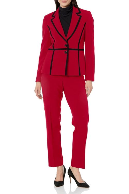 Le Suit Notched Collar One Button Closure Piping Detail with Mid Waist with Hook, Button & Zipper Closure Crepe Pant (2pc Set)