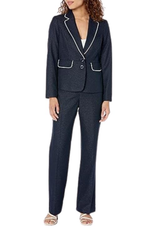 Le Suit Petite Birdseye Jacqaurd Two Button Piped Jacket and Pant Set