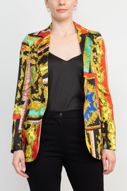 Industry Notched Collar One Button Closure Long Sleeve Multi Print Jacket