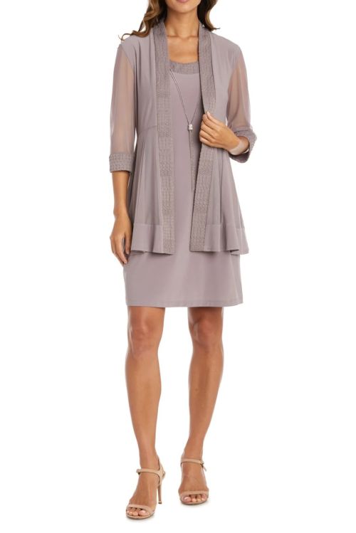 R&M Richards Scoop Neck Chain Detail Sleeveless Jersey Dress with 3/4 Jacket