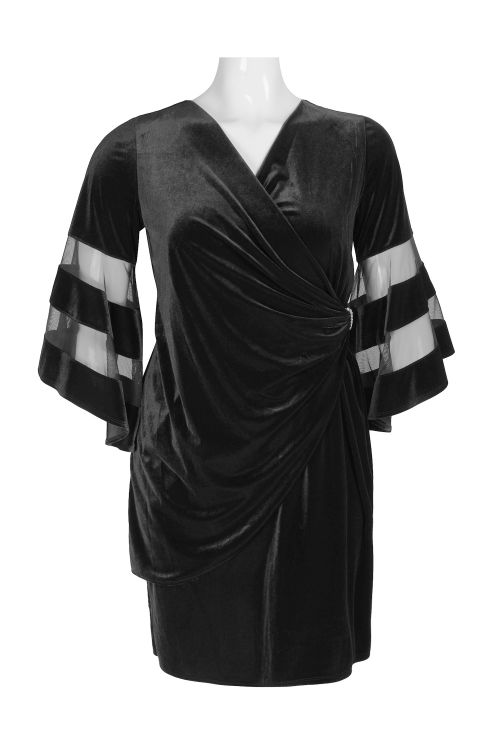 R&M Richards V-Neck 3/4 Bell Sleeve Ruched Gathered Side Embellished Side Velvet Dress