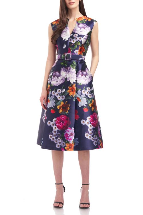 Kay Unger V-Neck Sleeveless Belted Zipper Back Floral Print Mikado Dress