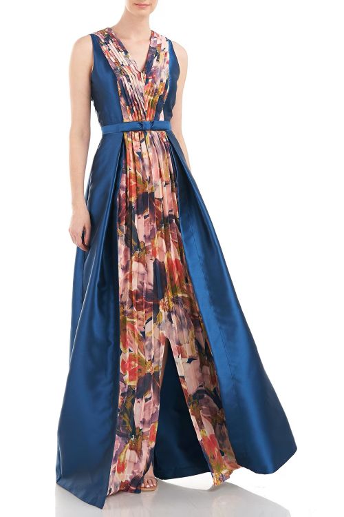 Kay Unger V-Neck Sleeveless A-Line Chiffon Floral Print Side Pockets Pleated Jacquard Dress