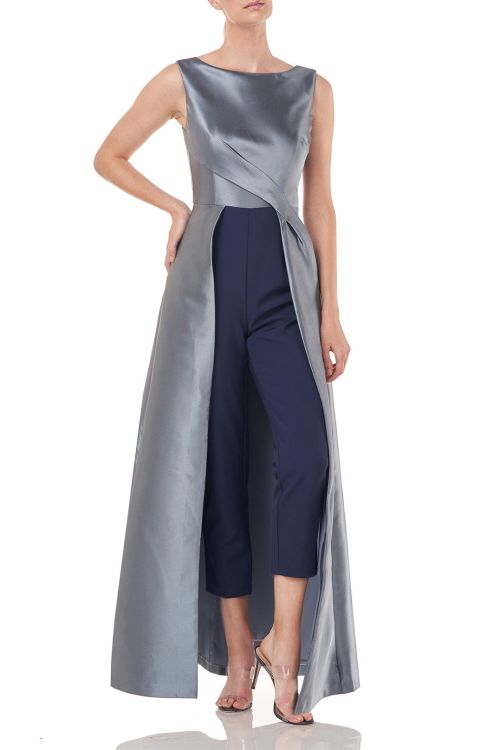 Kay Unger Boat Neck Sleeveless Pleated Zipper Back Walk-Through Twill Jumpsuit, Stretch Crepe Ankle Length Pant with Pockets