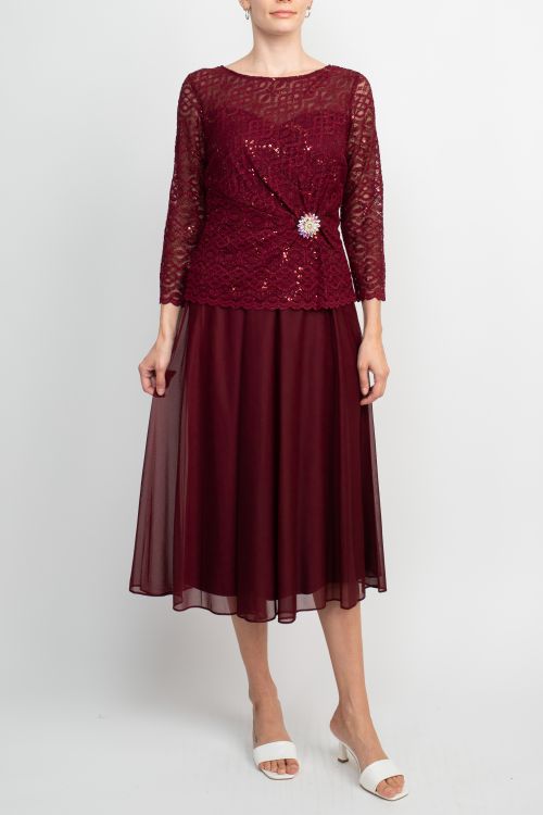 Cachet Boat Neck Long Sleeve Embroidered Top Brooch Detail Mesh Dress