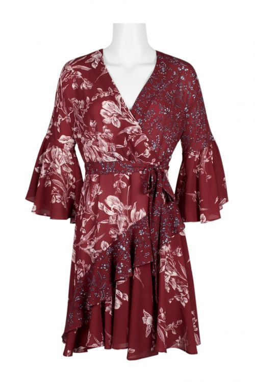 French Connection V-Neck 3/4 Sleeve Floral Print Zipper Back Tie Side Polyester Dress
