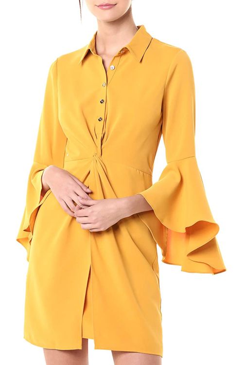 Laundry Collared Button Down Flounce Sleeve Twisted Front Zipper Side Solid Crepe Dress