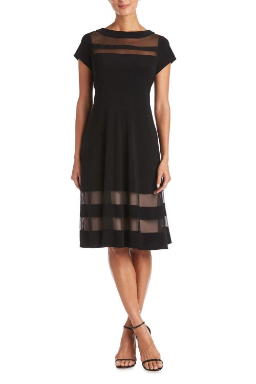 R&M Richards Boat Neck Cap Sleeve A-Line Seer Illusion Strapping ITY Dress