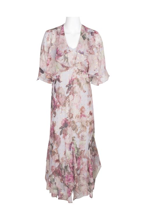 R&M Richards V-Neck Floral Print Metallic Clip Fly Away Chiffon Dress with matching Jacket (Two Piece)