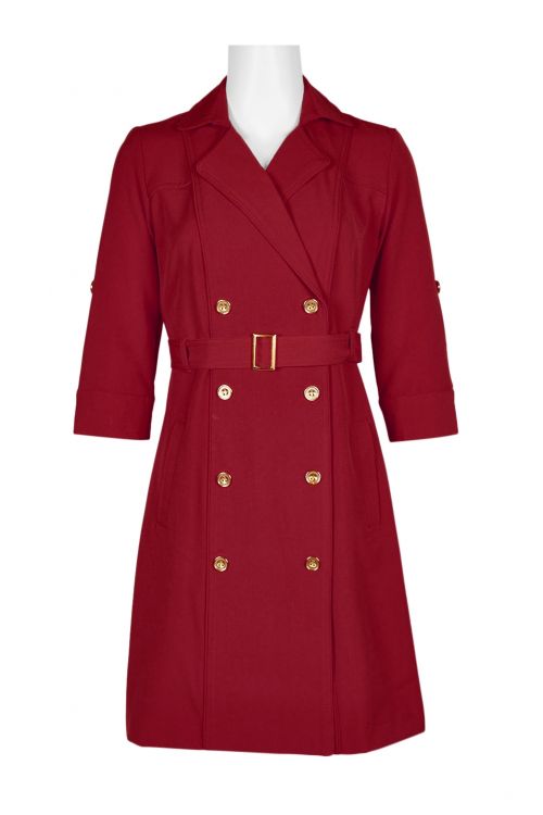 Sharagano Notched Collar Long Sleeve Trench Button Down Belted Solid Crepe Dress