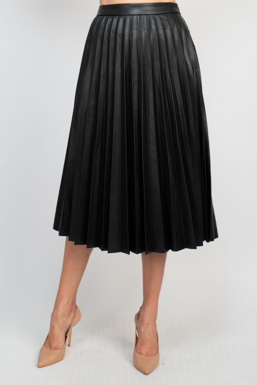 Truth banded waist hook and zipper closure pleated faux leather skirt